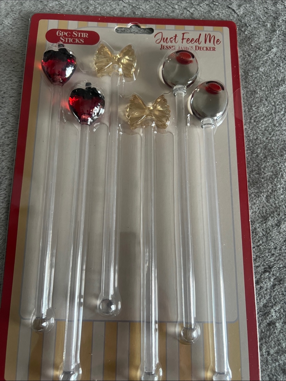 Just Feed Me Clear Glass Stir Sticks with Red & Gold Accents (6pc)